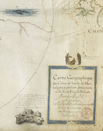 Hessel Gerritsz. Détail : Carte marine des côtes et bords de mer de la zone frigide boréale. Ms 1288. © RMN-Grand Palais (Institut de France) / Gérard Blot