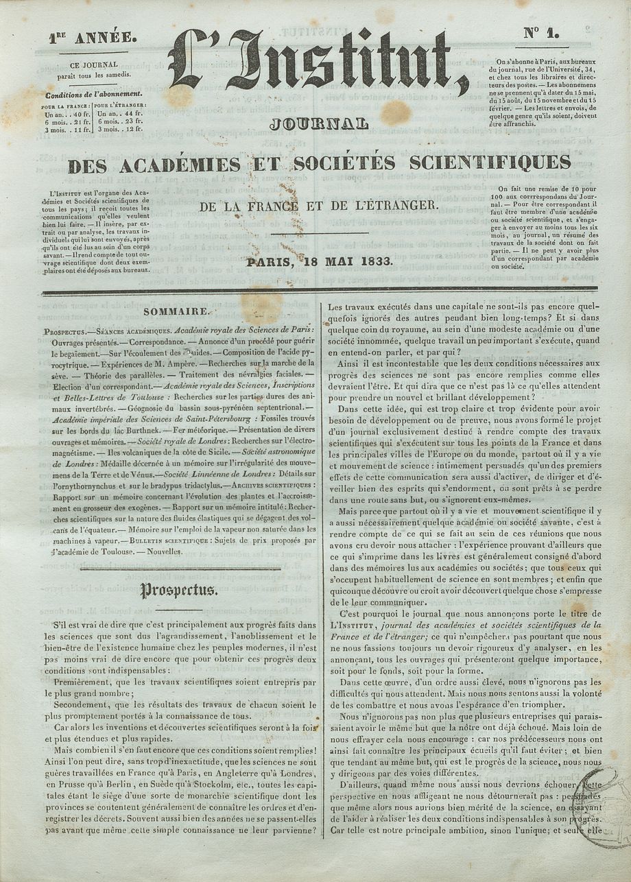 L'Institut, journal des académies et sociétés scientifiques de la France et de l'étranger. 18 mai 1833. 4° AA 127 A 1-2  © Bibliothèque de l'Institut de France 