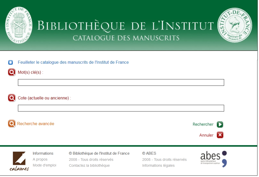 Calames, catalogue en ligne des manuscrits.